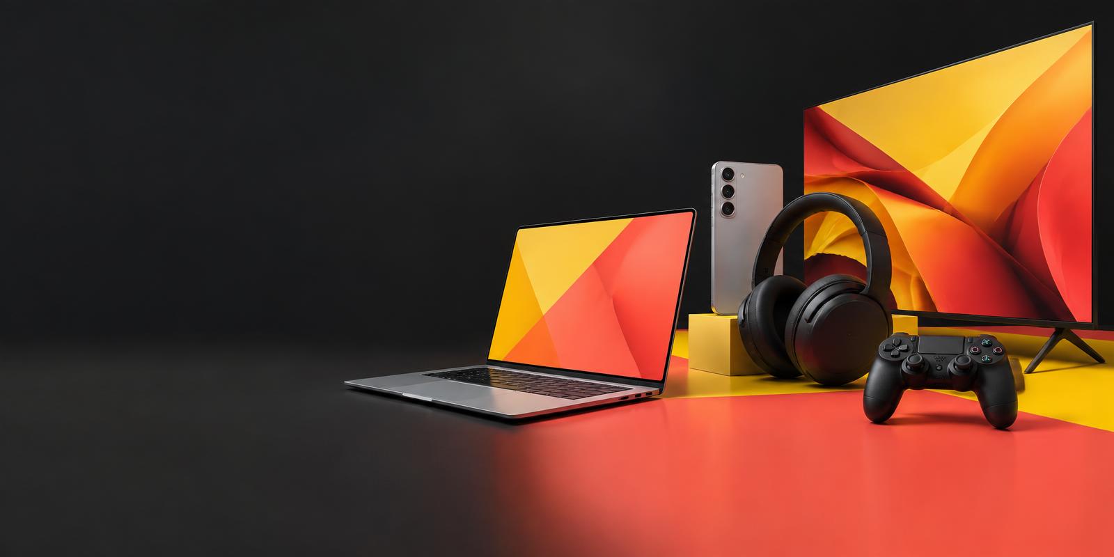 Notebook, celular, fone, televisão e controle gamer